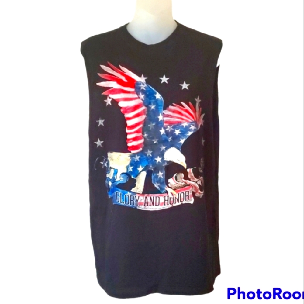 FADED GLORY Mens Black Sleeveless Tee Shirt Red White & Blue American